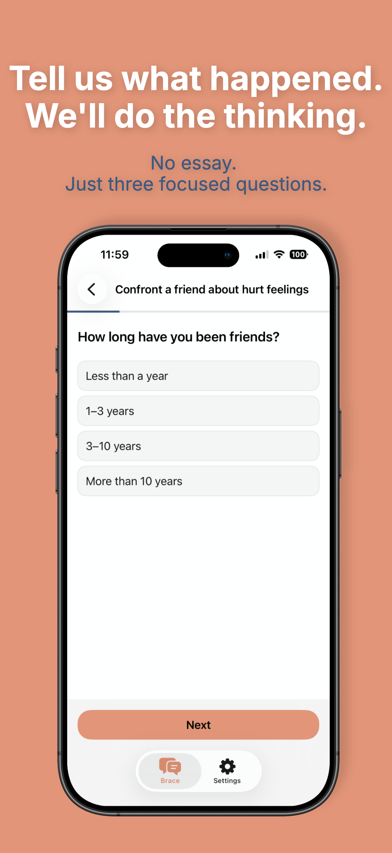 Brace context form — three quick questions tailored to your situation