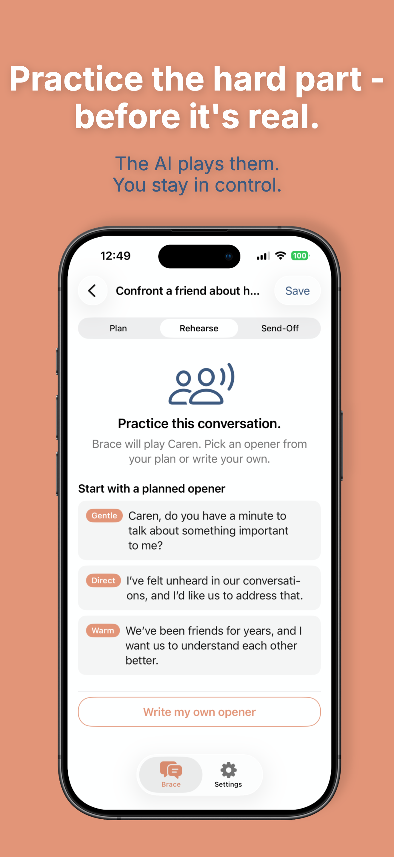Brace AI roleplay rehearsal — practice the conversation with AI playing the other person
